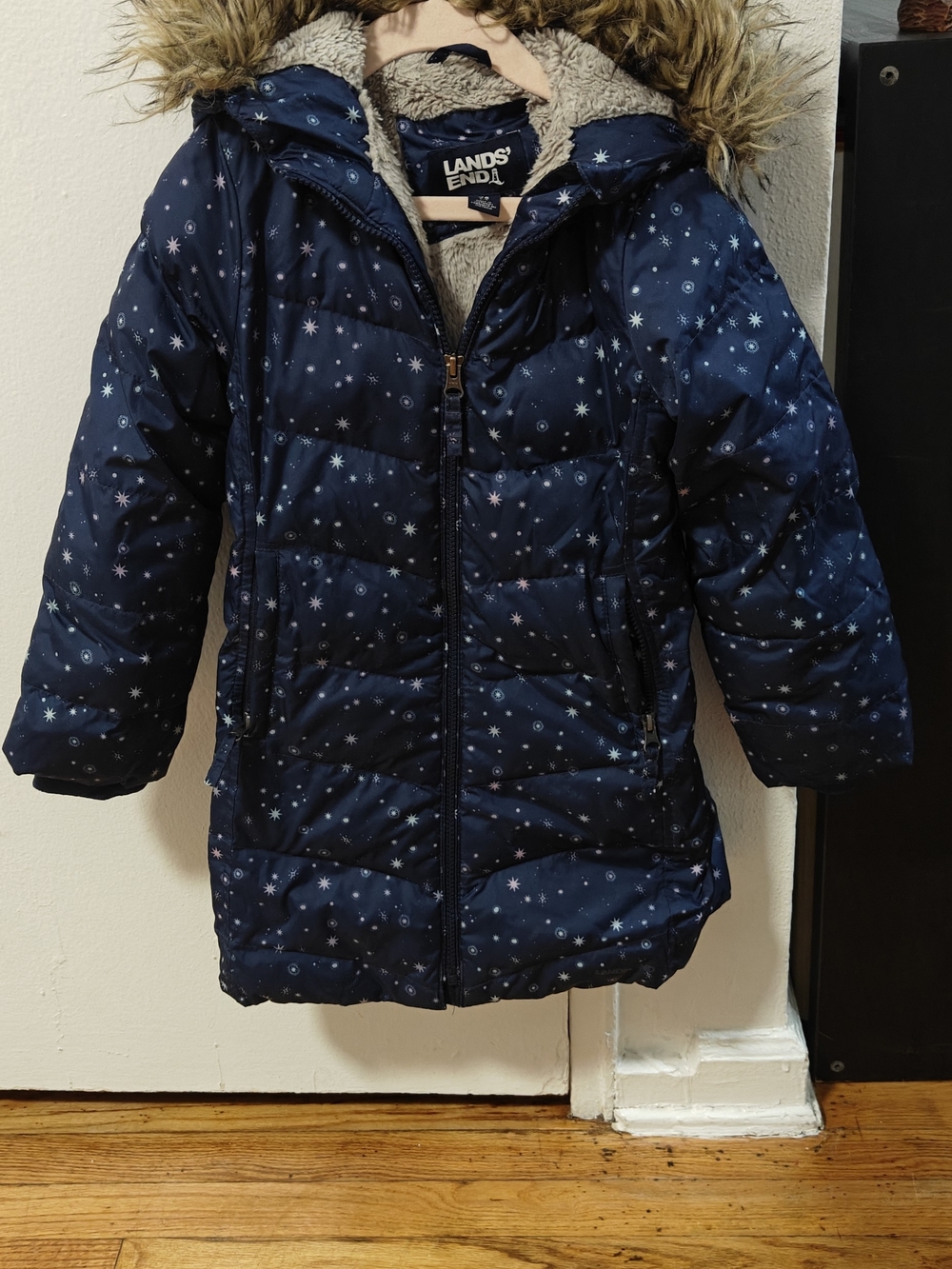 Lands' End Girls' Navy Star-Print Puffer Coat with Faux Fur Trim